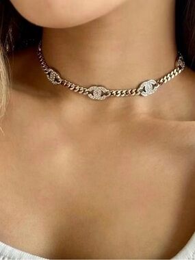 CHANEL Gold-Tone Chain Necklace with Pave Crystal CC Links